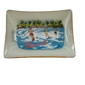 Vintage Bermuda Souvenir Glass Trinket Tray Water Ski Made In England Soap Dish